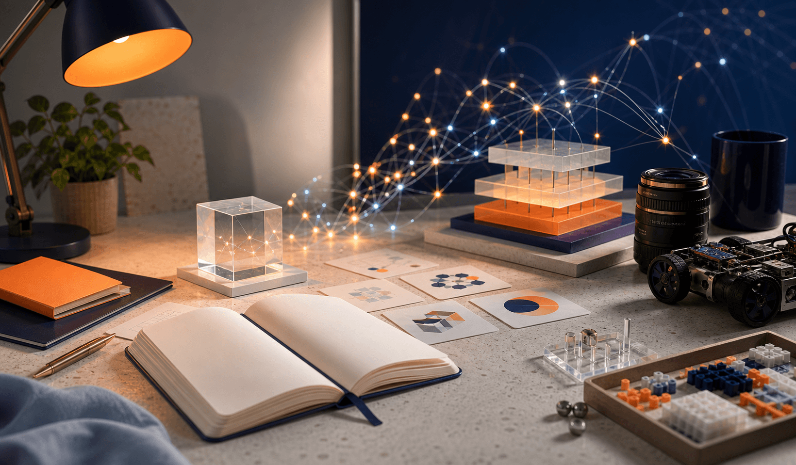 Editorial AI lab desk with neural light strands, notebook, glass blocks, and model objects